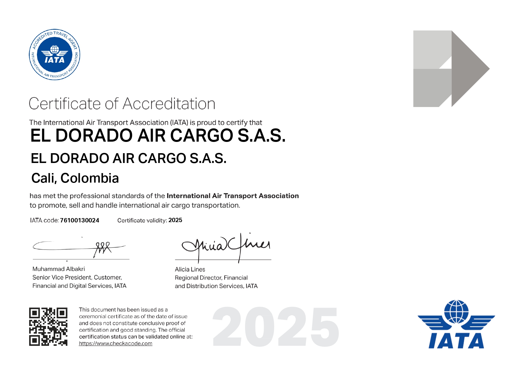Certificación Acreditación IATA 2025 - Cali otorgada a El Dorado Air Cargo S.A.S