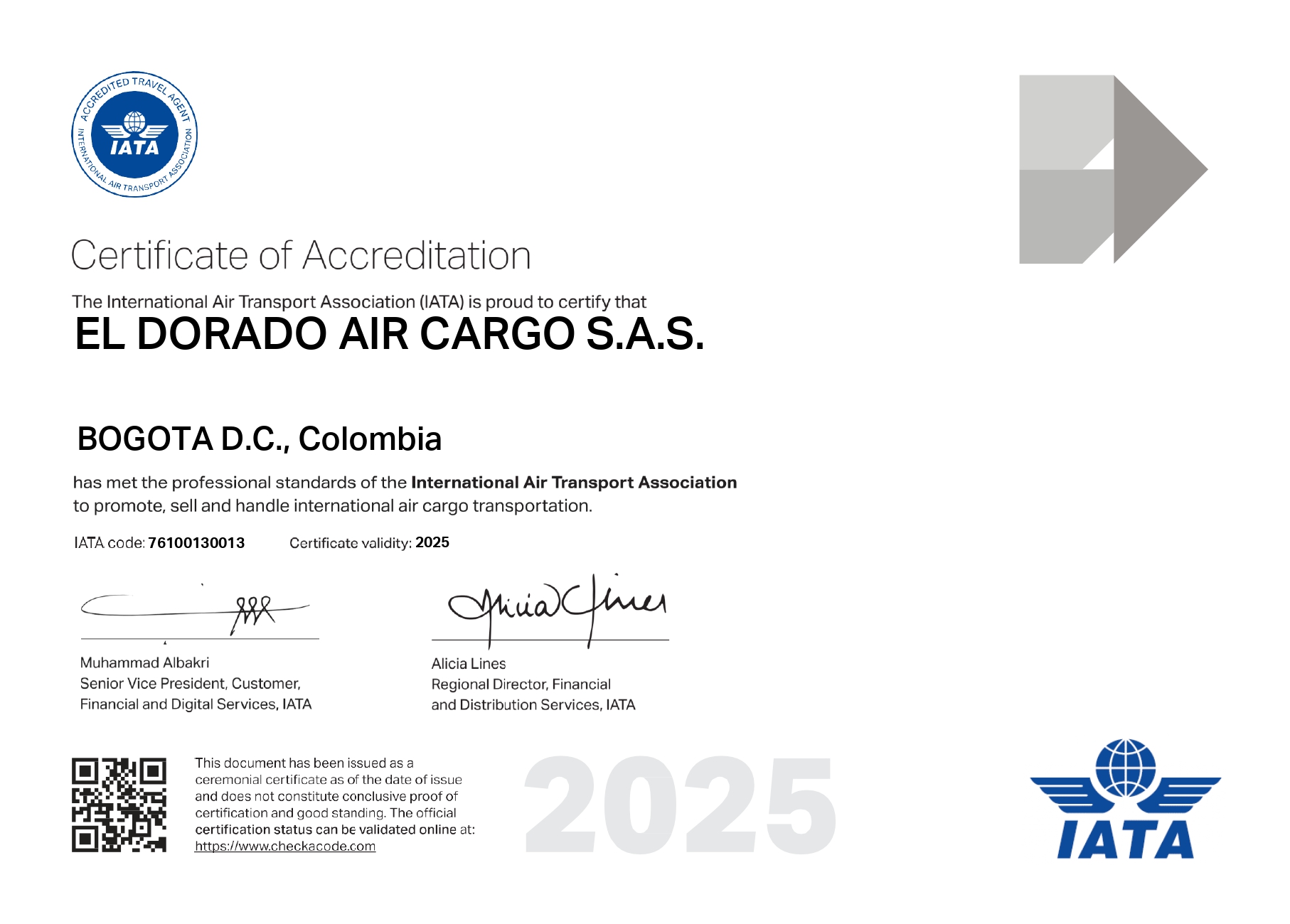 Certificación Acreditación IATA 2025 - Bogotá otorgada a El Dorado Air Cargo S.A.S