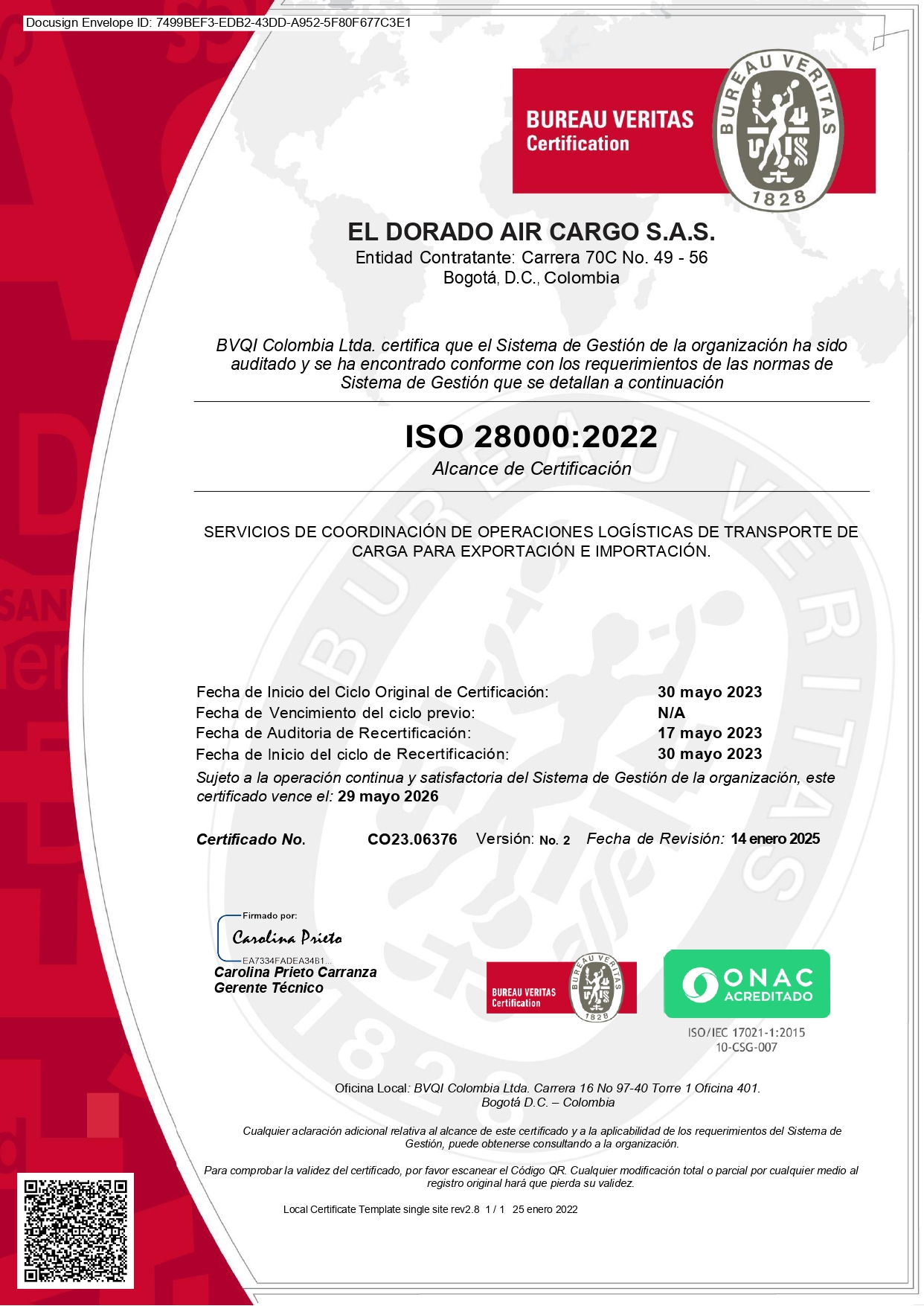 Certificación Certificación ISO 28000 otorgada a El Dorado Air Cargo S.A.S