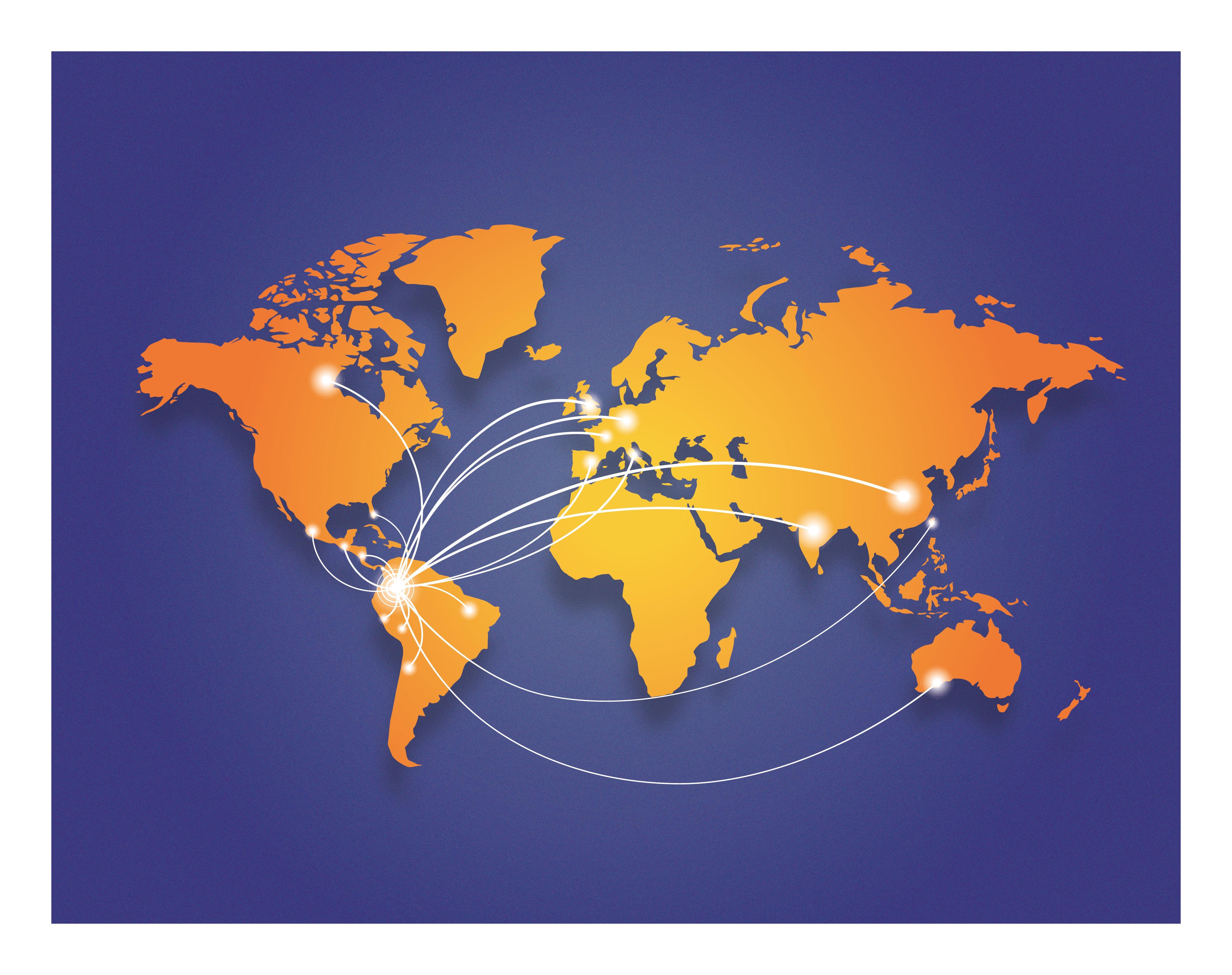 Mapa de exportaciones e importaciones de El Dorado Air Cargo con cobertura internacional en América, Europa, Asia y Oceanía